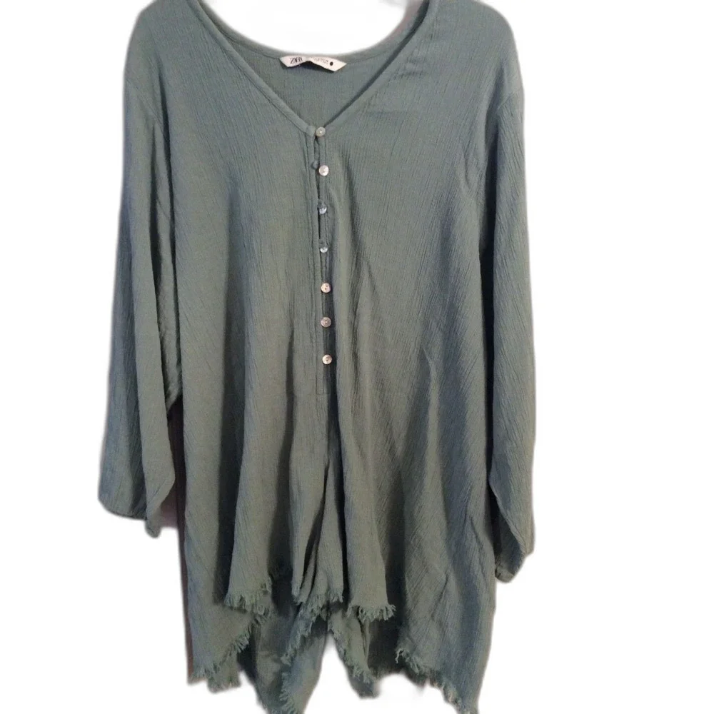 Zara Small S Green Oversize Romper boho Womens Linen blend